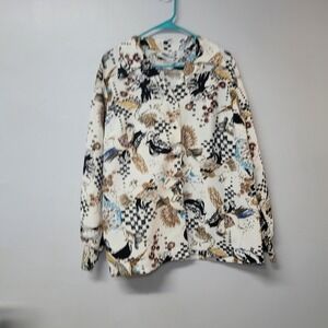 Lanie J Vintage Bird Checkerboard Print Button Up Blouse White Multi 70s Retro